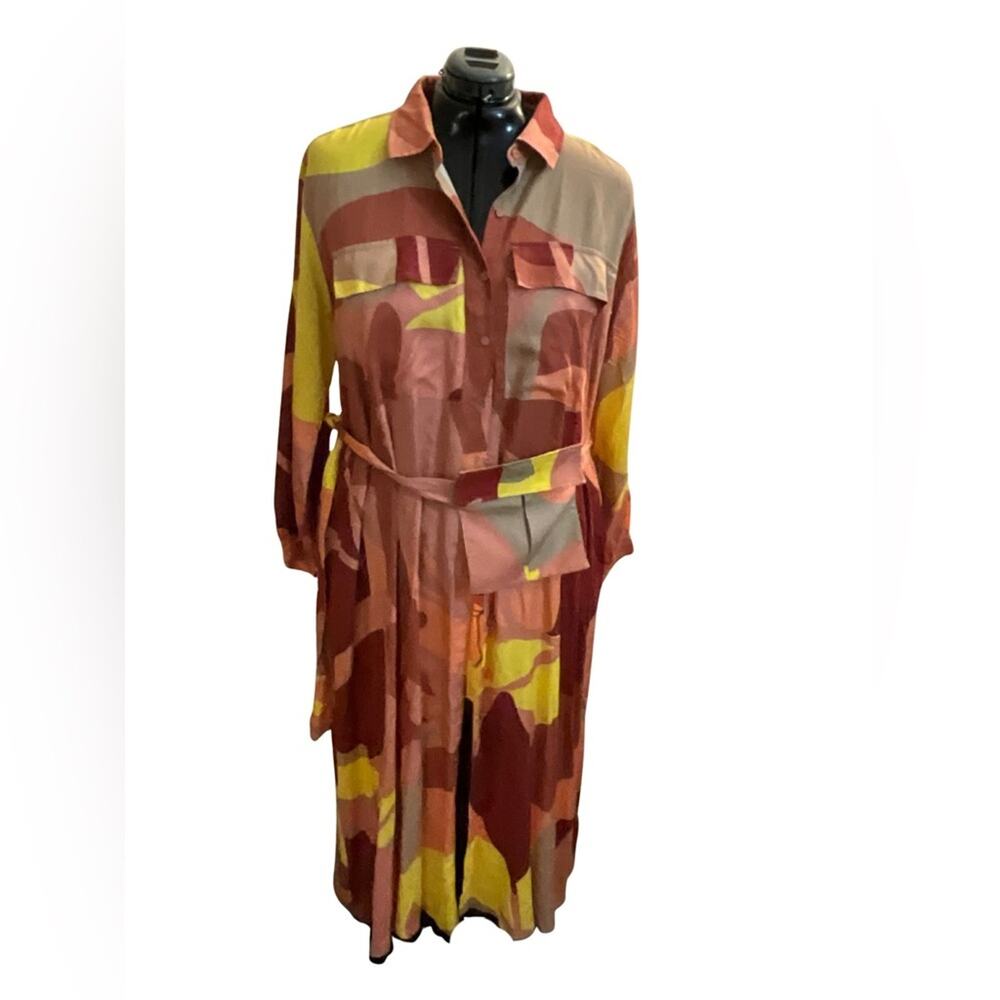 Tencel 70s Resort Maxi Shirt Dress Boho Abstract Wearable Art Belted 3X NWT - Picture 2 of 10